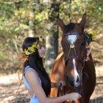 Pferd mit Zaumzeug wird von einer Frau im Freien geführt